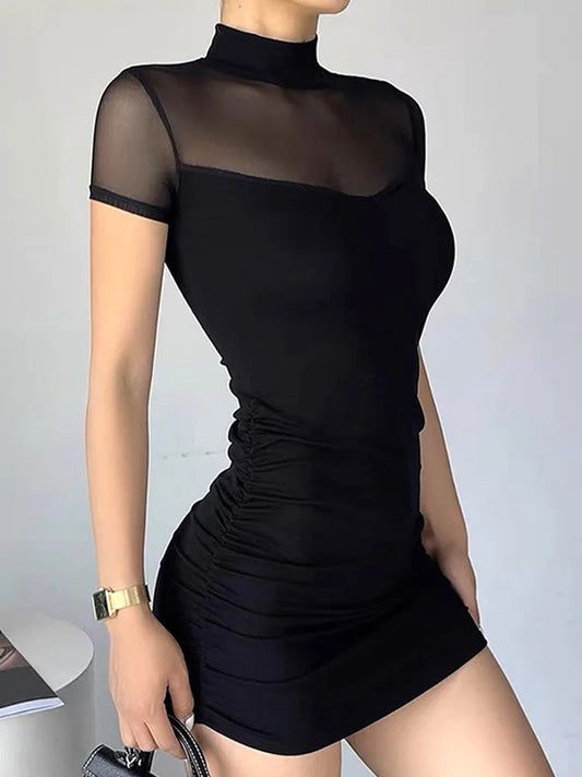 Goth Dark Mock Neck Y2k Bodycon Mini Dresses Gothic Women Mesh Patchwork Sheer Party Dress - NJN NATURES