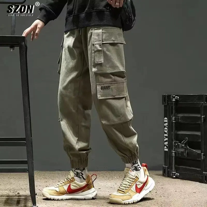Men's Cargo Pants Casual Hip Hop Hit Color Multiple Pockets Trousers Streetwear Ribbons Techwear Sweatpants - NJN NATURES
