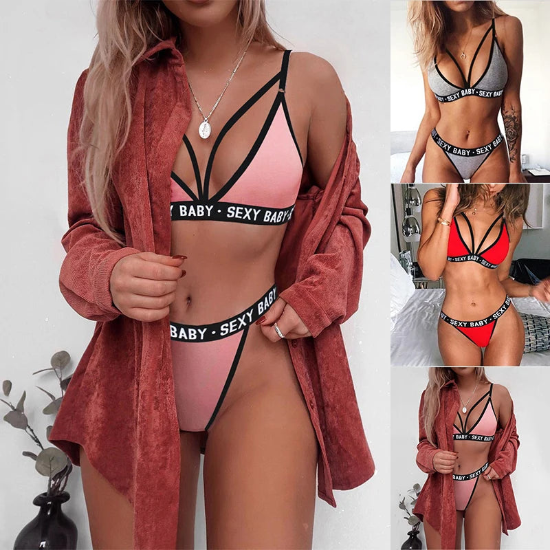 Women's Sexy Lingerie Set Letter Print Sports Underwear Set Pajamas Night Bra and Panty Sexy Bandage Corset Push Bra Bikini Set - NJN NATURES