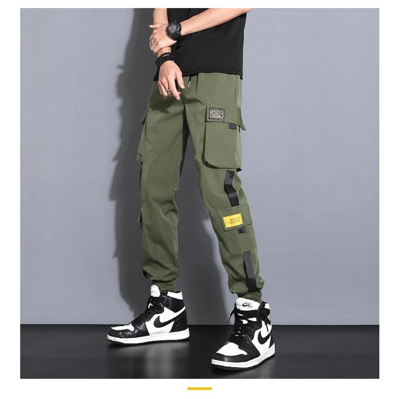 Men's Cargo Pants Casual Hip Hop Hit Color Multiple Pockets Trousers Streetwear Ribbons Techwear Sweatpants - NJN NATURES