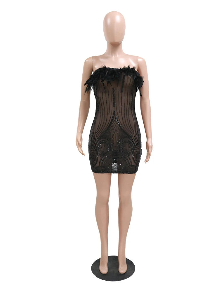 iDress Black Sexy Sequin Party Dress for Women Elegant Glitter Feather Short Dress Sheer Mesh Strapless Bodycon Mini Club Dress - NJN NATURES