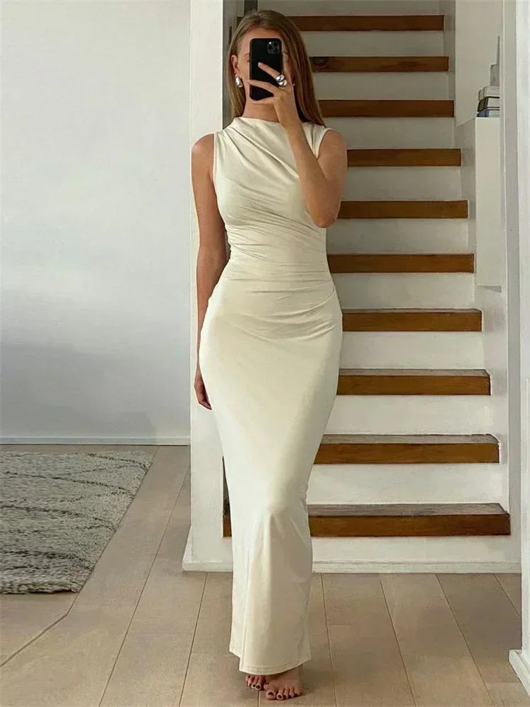 Tossy Pleated Long sleeved Slim Maxi Dress Women Solid Fashion Elegant Party Dress Gown Off-Shoulder High Waist Bodycon Dress - NJN NATURES