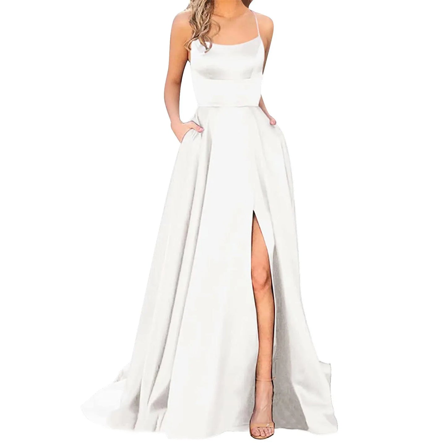 Elegant Hight Split Evening Maxi Dress Sexy Lace-Up Backless Long Dresses Navy Blue Sleeveless High Waist Party Dress - NJN NATURES