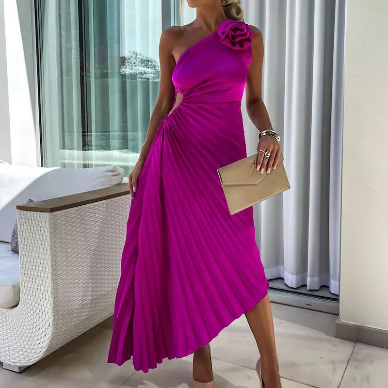 New Asymmetrical Hollow Sleeveless Long Dress Female Casual Off Shoulder Evening Dresses Fashion Floral Pleated Slim Party Dress - NJN NATURES
