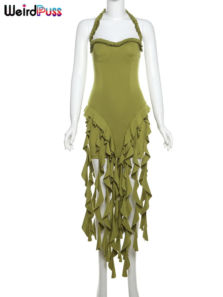 Weird Puss Halter Party Dress Women Backless Chic Irregular Tassel Hem Summer Sexy Birthday Party Split Midnight Club Bodycon - NJN NATURES