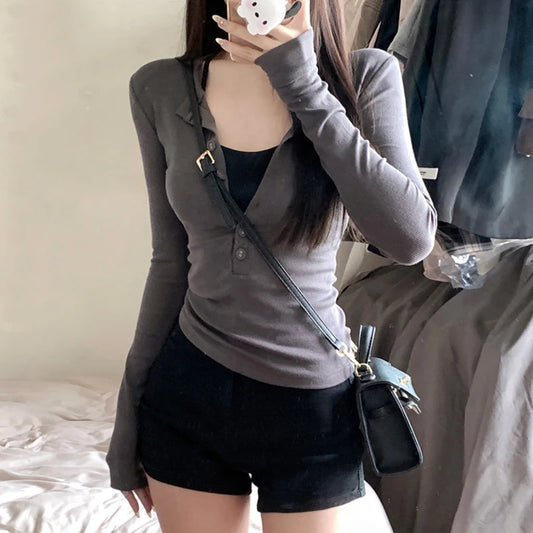 Xingqing y2k Grunge Tops Women Solid Color Slim Fit V Neck Long Sleeve Button Up T Shirt 2000s Fairycore Clothing Streetwear - NJN NATURES