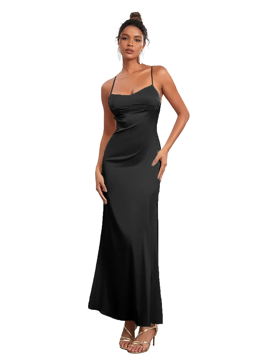 wsevypo Women's Spaghetti Strap Party Dress Backless Cross Tie-up Sleeveless Low Cut Slip Dresses Elegant Evening Gown Vestidos - NJN NATURES