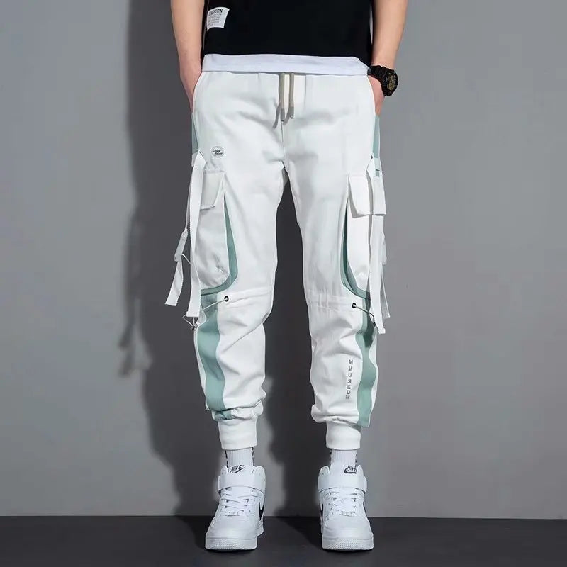Men's Cargo Pants Casual Hip Hop Hit Color Multiple Pockets Trousers Streetwear Ribbons Techwear Sweatpants - NJN NATURES
