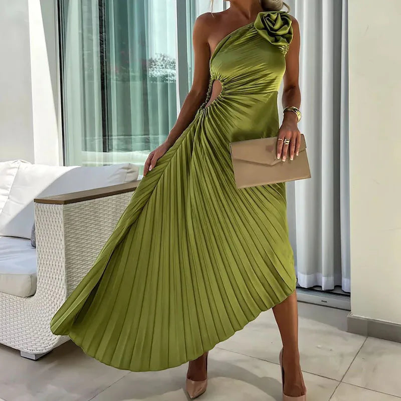 New Asymmetrical Hollow Sleeveless Long Dress Female Casual Off Shoulder Evening Dresses Fashion Floral Pleated Slim Party Dress - NJN NATURES