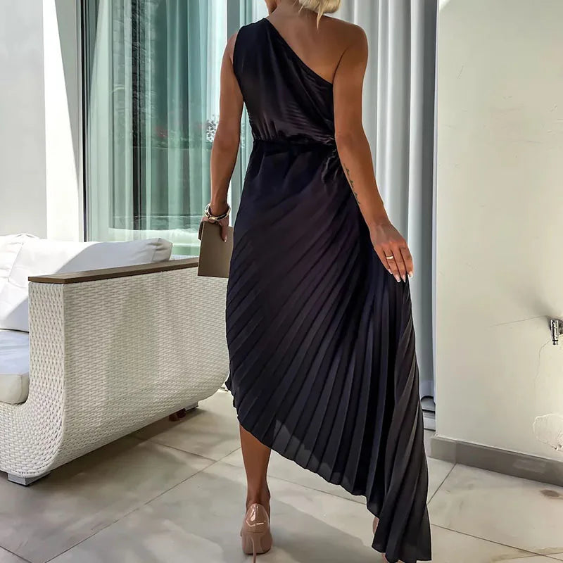 New Asymmetrical Hollow Sleeveless Long Dress Female Casual Off Shoulder Evening Dresses Fashion Floral Pleated Slim Party Dress - NJN NATURES