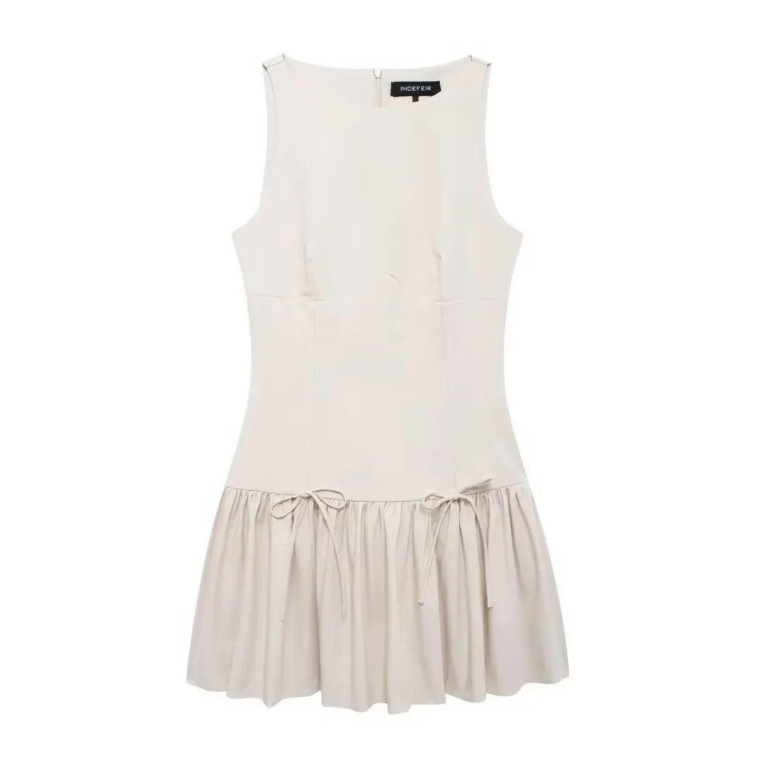 TRAF New Women Bow Pleated Dress 2024 Fashion Chic Sleeveless Casual Mini Dress Female Elegant Back Zipper Short Party Dress - NJN NATURES
