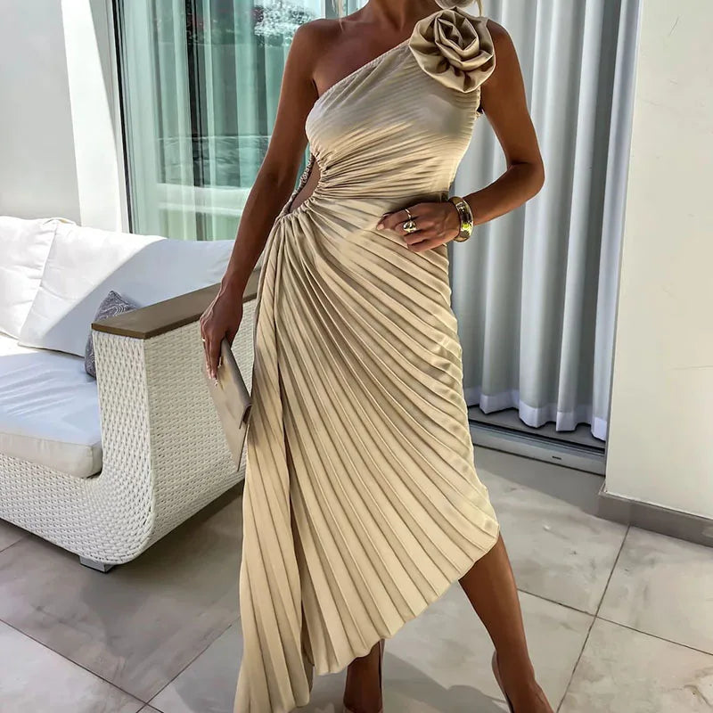New Asymmetrical Hollow Sleeveless Long Dress Female Casual Off Shoulder Evening Dresses Fashion Floral Pleated Slim Party Dress - NJN NATURES