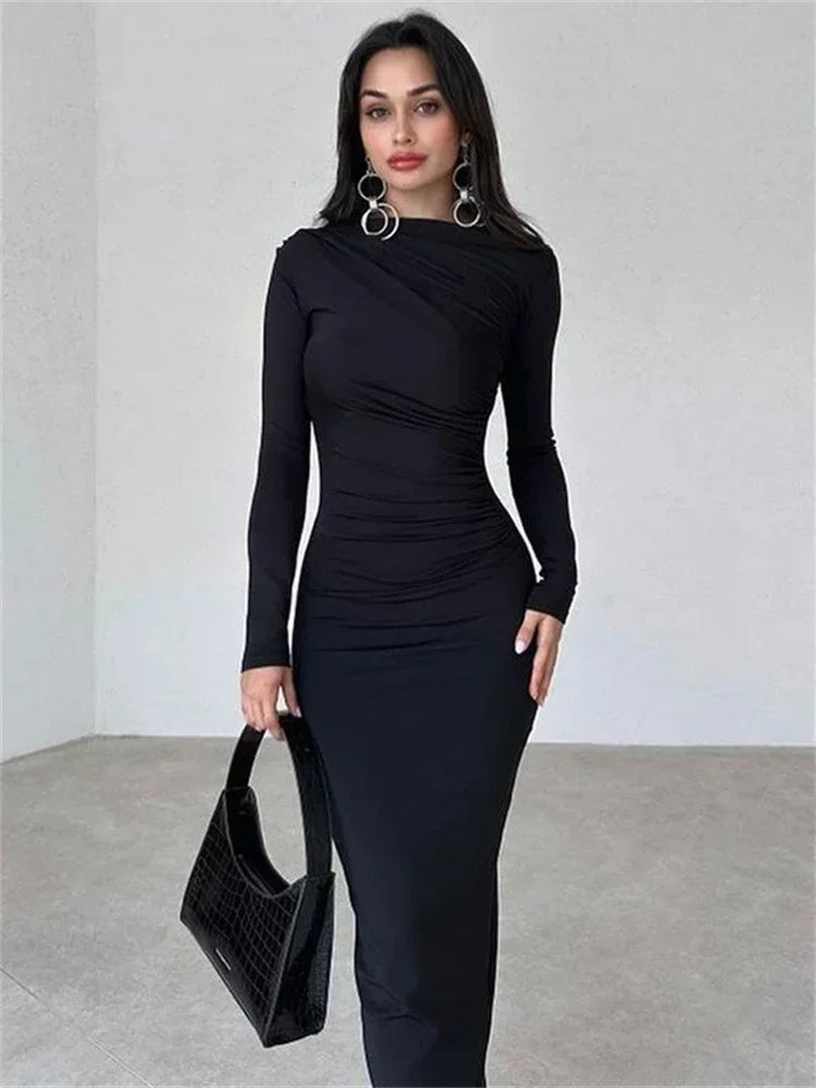 Tossy Pleated Long sleeved Slim Maxi Dress Women Solid Fashion Elegant Party Dress Gown Off-Shoulder High Waist Bodycon Dress - NJN NATURES
