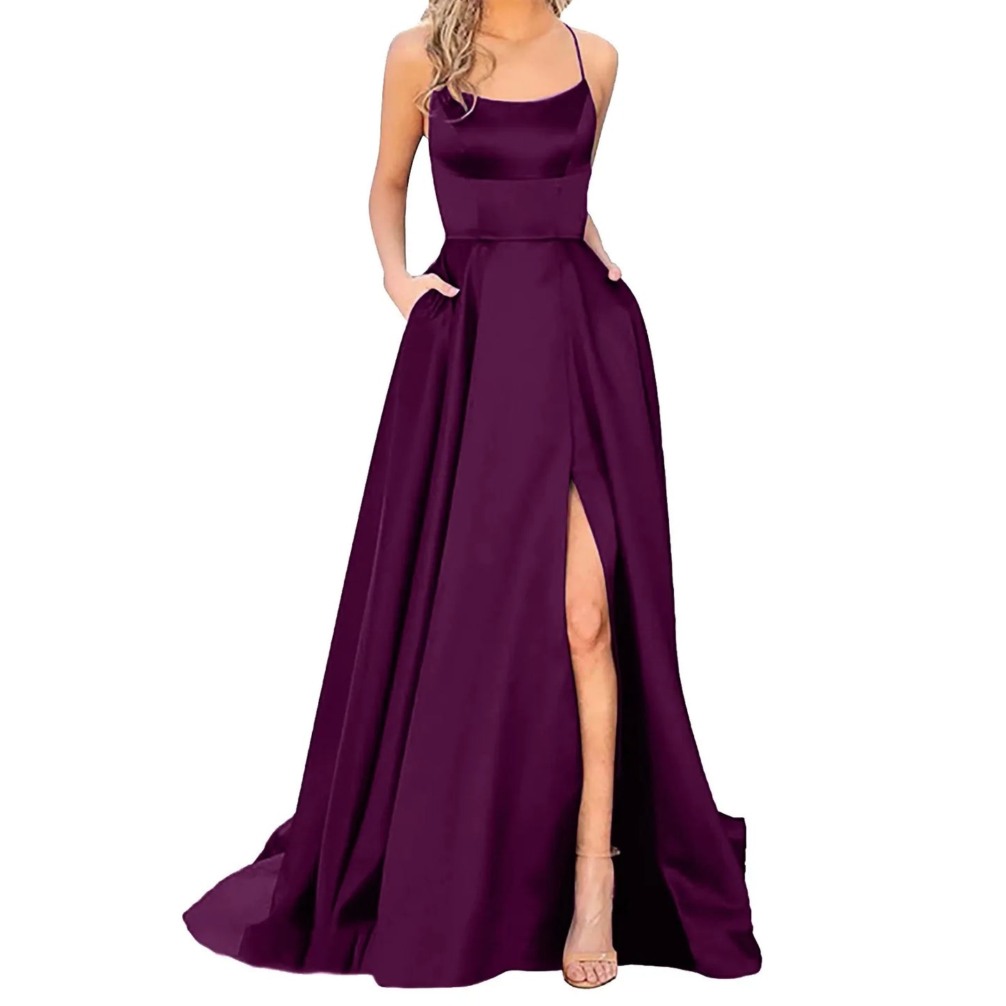 Elegant Hight Split Evening Maxi Dress Sexy Lace-Up Backless Long Dresses Navy Blue Sleeveless High Waist Party Dress - NJN NATURES