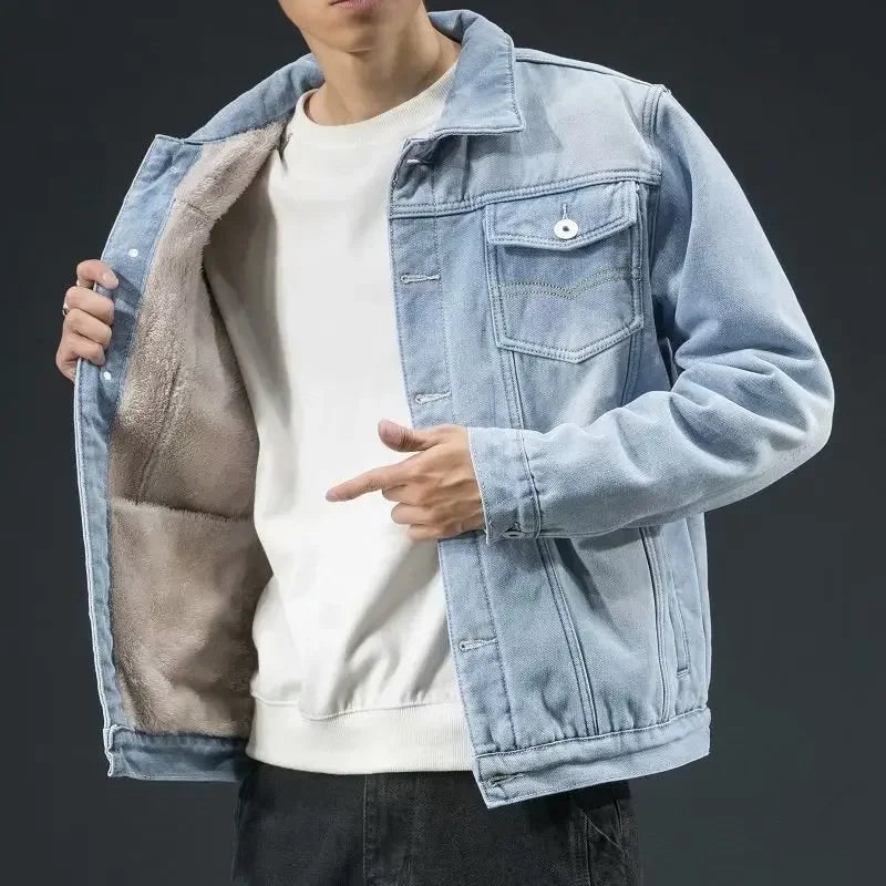 Thickened Fleece-lined Denim Jacket Men's Loose Fit Warm Work Clothes Trendy Korean Style Versatile Casual Wear - NJN NATURES