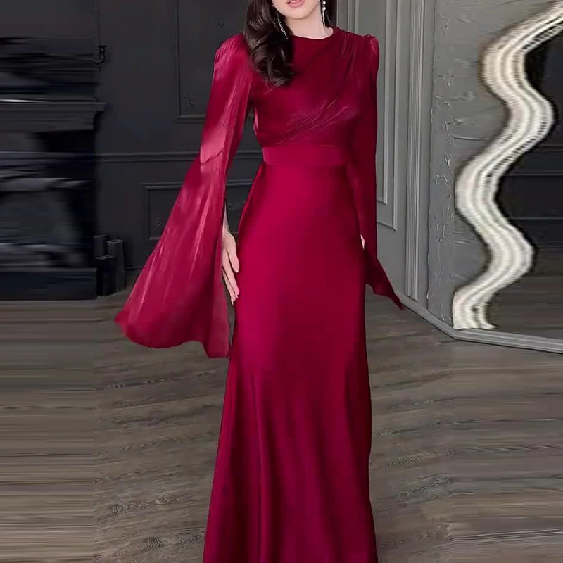 Women Fashion O-neck Hight Waist Long Dress Sexy Split Long Sleeve Solid Party Dress Elegant Mesh Patchwork Satin Evening Dress - NJN NATURES