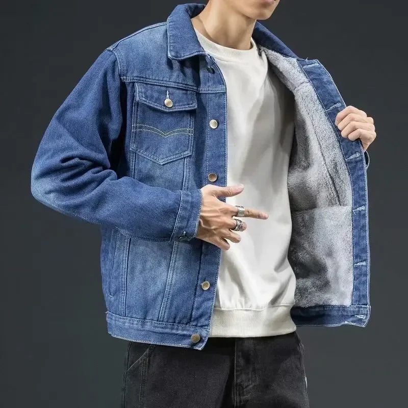 Thickened Fleece-lined Denim Jacket Men's Loose Fit Warm Work Clothes Trendy Korean Style Versatile Casual Wear - NJN NATURES