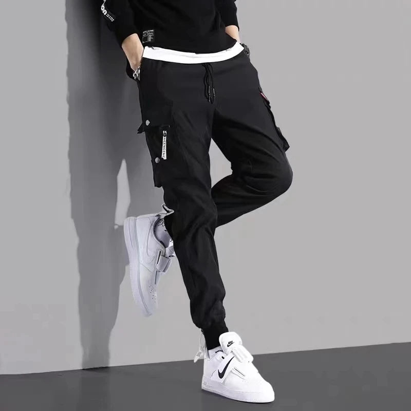 Men's Cargo Pants Casual Hip Hop Hit Color Multiple Pockets Trousers Streetwear Ribbons Techwear Sweatpants - NJN NATURES