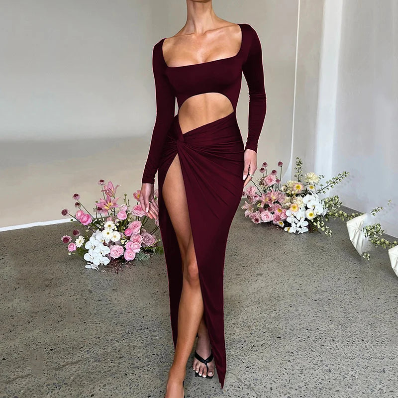 Townlike Hollow Out High Split Sexy Dress Women 2022 Slim Long Sleeve Autumn Club Party Dress Elegant Long Maxi Dresses Vestidos - NJN NATURES
