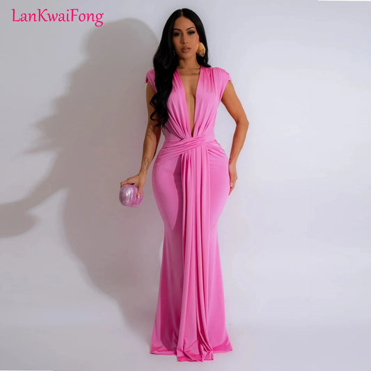 LKF Fashionable Party Dress Sleeveless Deep V Waist Sexy Solid Color Stretch Elegant MIDI Long Evening Dress - NJN NATURES