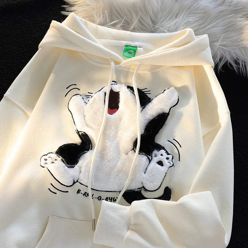 Japanese Kawaii Flock Embroidery Cartoon Cat Patchwork Hoodies Thicken Kangaroo Pocket Baggy Street Sweatshirt All-Matching Top - NJN NATURES