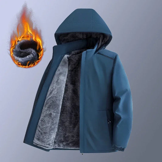 Men's Fleece stormcoat Autumn Winter New Solid Color Simple Loose Outdoor Sports Windproof Hooded Coat Men's Waterproof Jacket - NJN NATURES