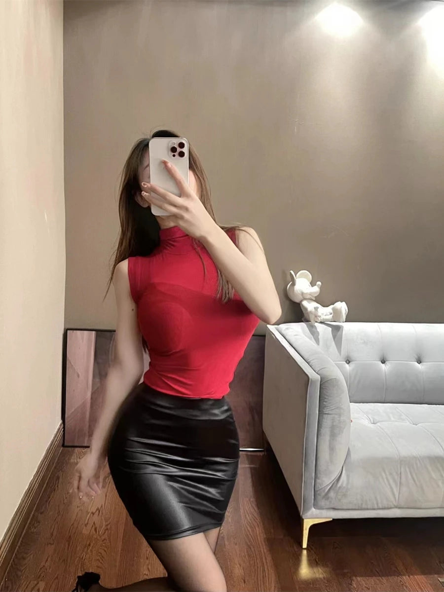 WOMENGAGA Leather Matte Slim Mini Sexy Fashion PU Hot Short High Waist Skirt Korean Nightclub Streetwear Wholesale Clothes 7ST - NJN NATURES