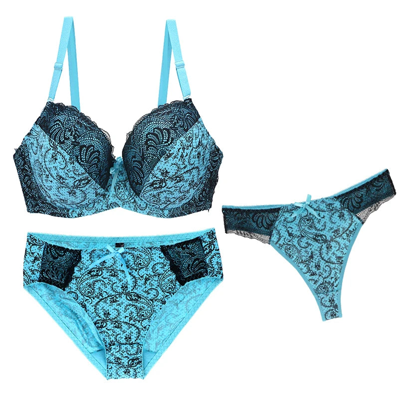 2024 New Sexy Push Up Bra Sets For Women 3 Piece Underwear Transparent BCDEF Cup Beige Black Blue Purple Red White Lingerie - NJN NATURES