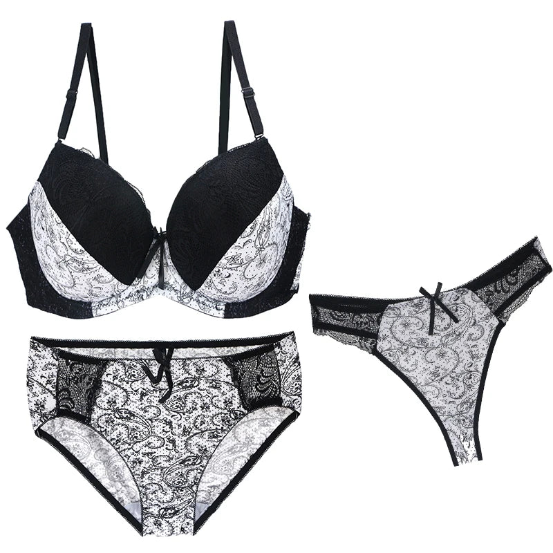 2024 New Sexy Push Up Bra Sets For Women 3 Piece Underwear Transparent BCDEF Cup Beige Black Blue Purple Red White Lingerie - NJN NATURES