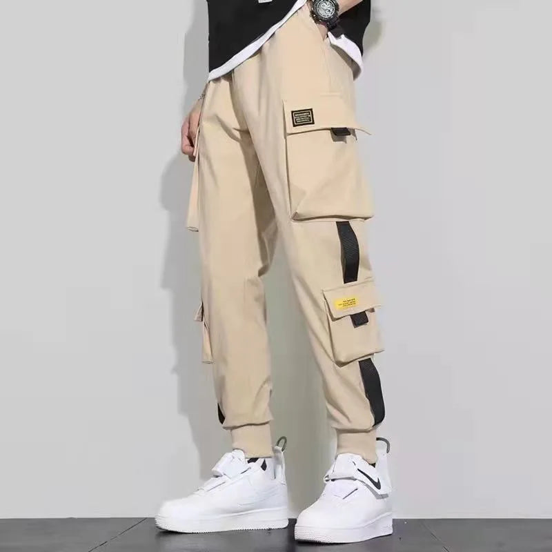 Men's Cargo Pants Casual Hip Hop Hit Color Multiple Pockets Trousers Streetwear Ribbons Techwear Sweatpants - NJN NATURES