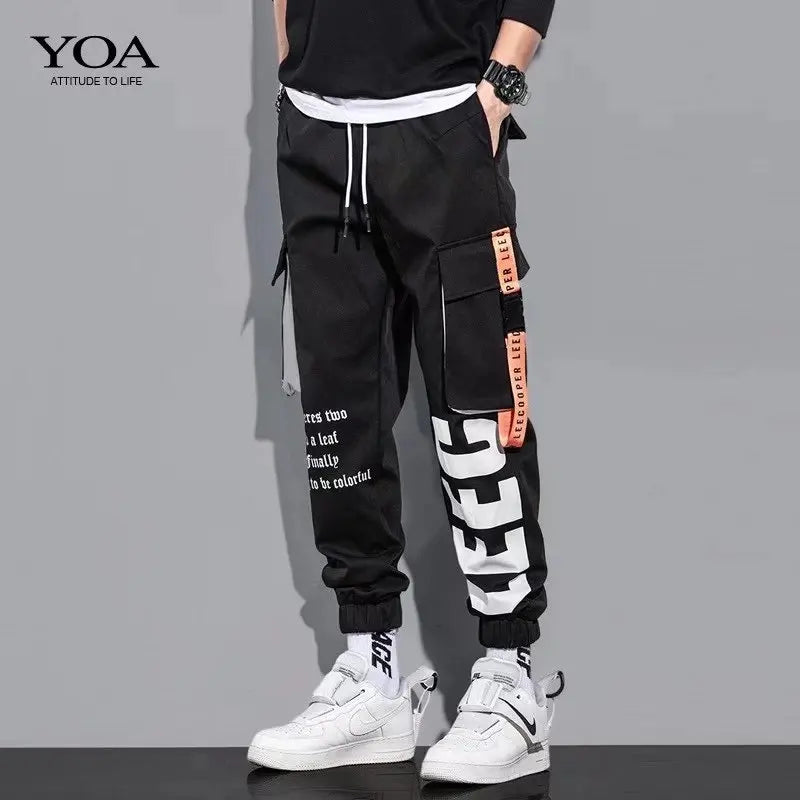 Men's Cargo Pants Casual Hip Hop Hit Color Multiple Pockets Trousers Streetwear Ribbons Techwear Sweatpants - NJN NATURES