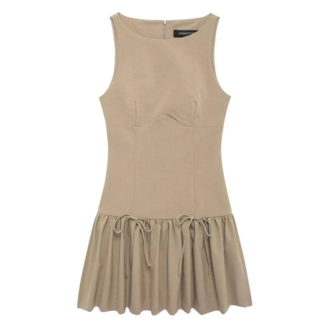 TRAF New Women Bow Pleated Dress 2024 Fashion Chic Sleeveless Casual Mini Dress Female Elegant Back Zipper Short Party Dress - NJN NATURES