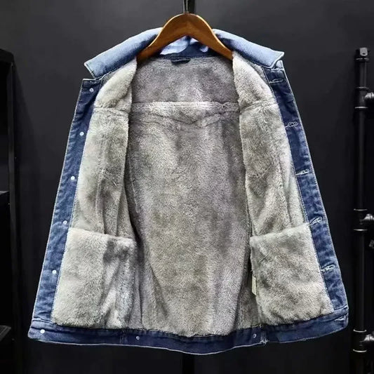 Thickened Fleece-lined Denim Jacket Men's Loose Fit Warm Work Clothes Trendy Korean Style Versatile Casual Wear - NJN NATURES