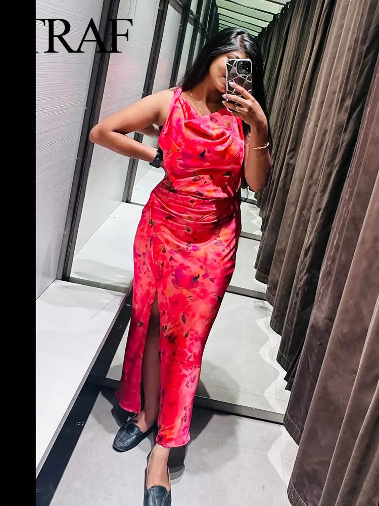 TRAF 2024 New Fashion Woman Vintage Sexy O-Neck Sleeveless Slit Hem Beach Party Dress Women Chic Print Ruffled Long Dress - NJN NATURES