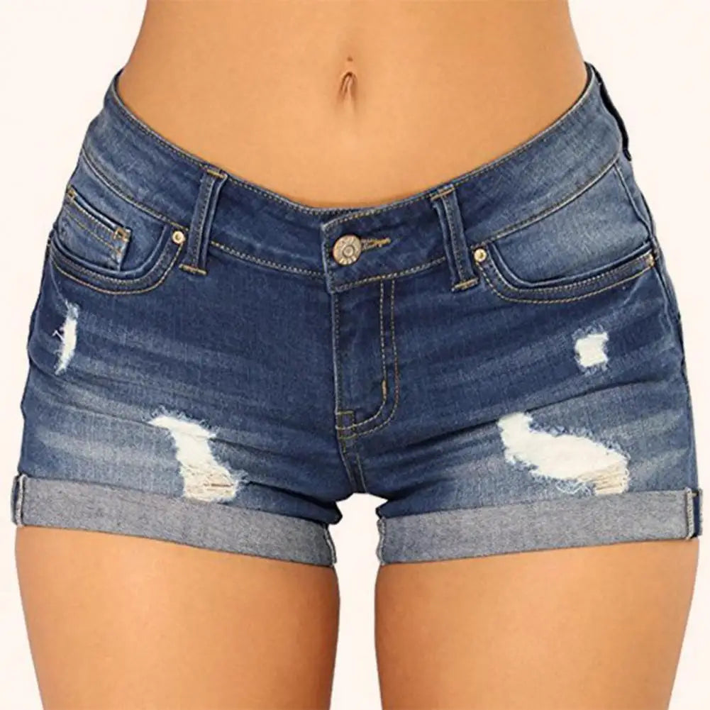 Denim Shorts Women Jeans Ripped Mid Waist Solid Color Soft Short Jeans Casual Slim Fit Shorts Summer - NJN NATURES