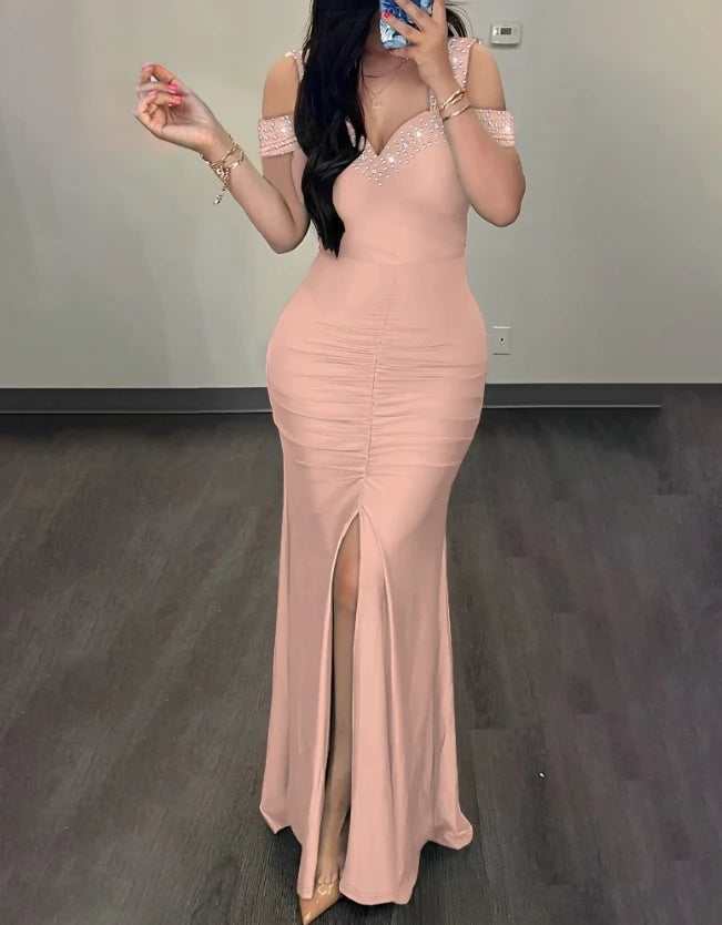 Woman Sexy High Waist Evening Dresses Fashion Women's Clothes Rhinestone Cold Shoulder Slit Ruched Elegant Party Dress for Women - NJN NATURES