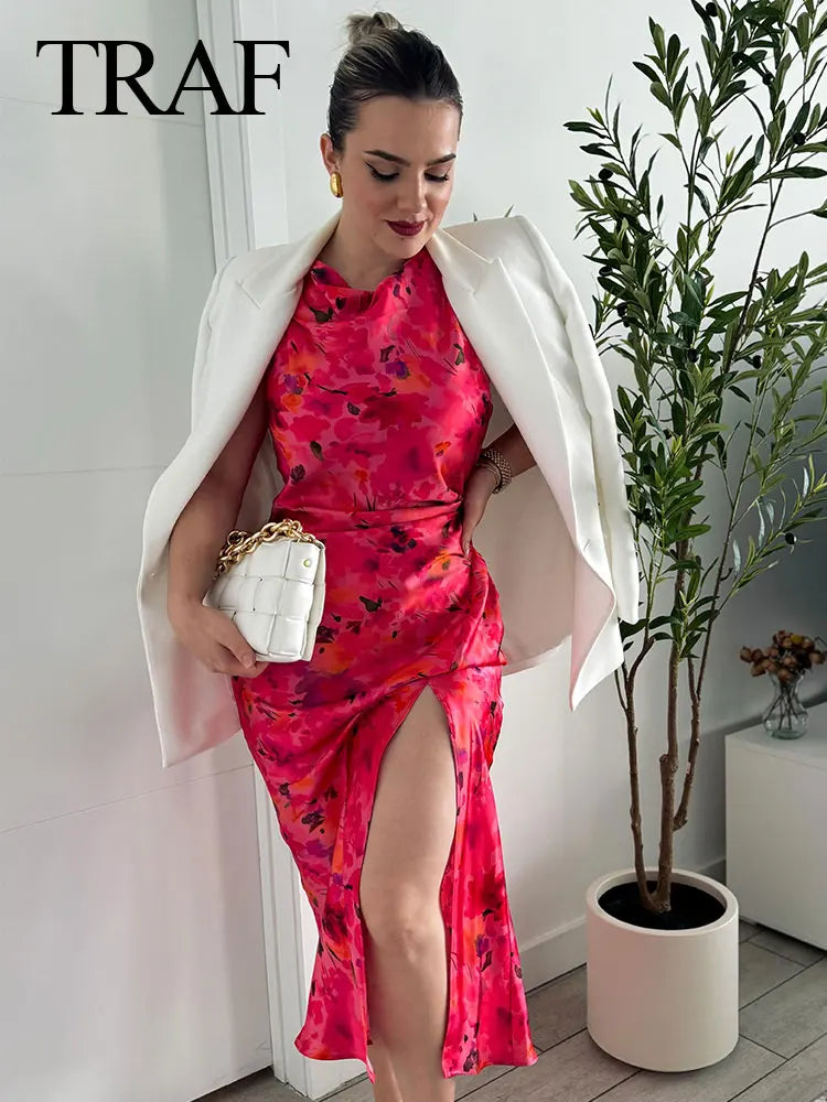 TRAF 2024 New Fashion Woman Vintage Sexy O-Neck Sleeveless Slit Hem Beach Party Dress Women Chic Print Ruffled Long Dress - NJN NATURES