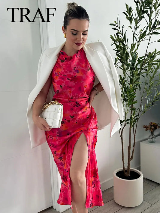 TRAF 2024 New Fashion Woman Vintage Sexy O-Neck Sleeveless Slit Hem Beach Party Dress Women Chic Print Ruffled Long Dress - NJN NATURES