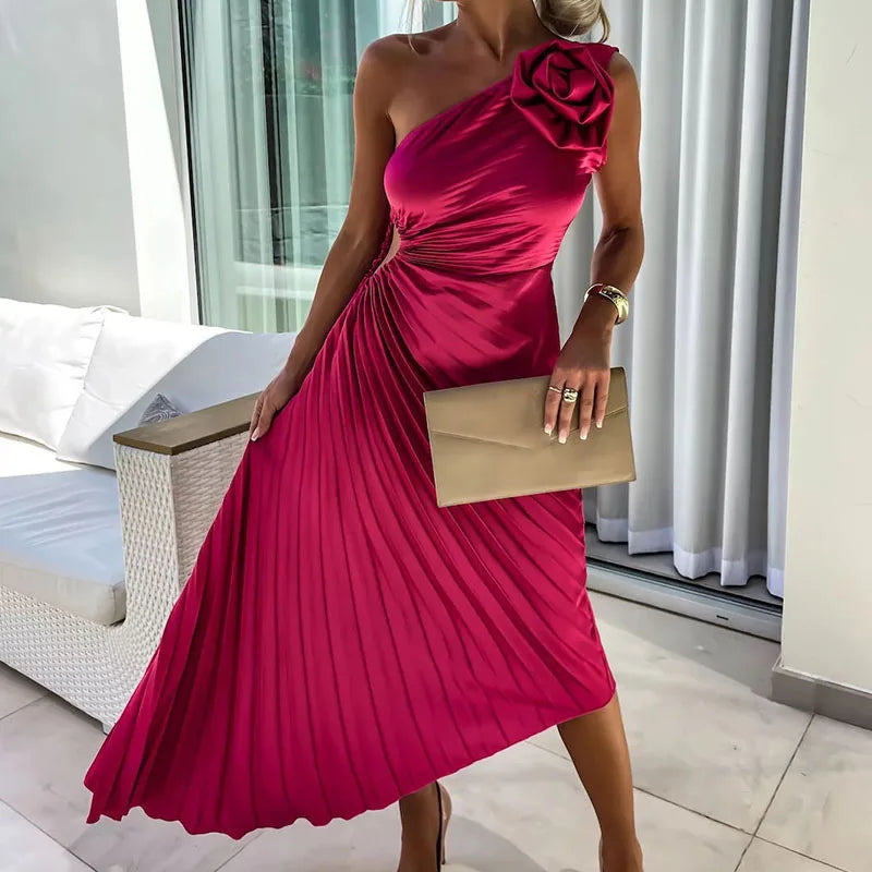 New Asymmetrical Hollow Sleeveless Long Dress Female Casual Off Shoulder Evening Dresses Fashion Floral Pleated Slim Party Dress - NJN NATURES