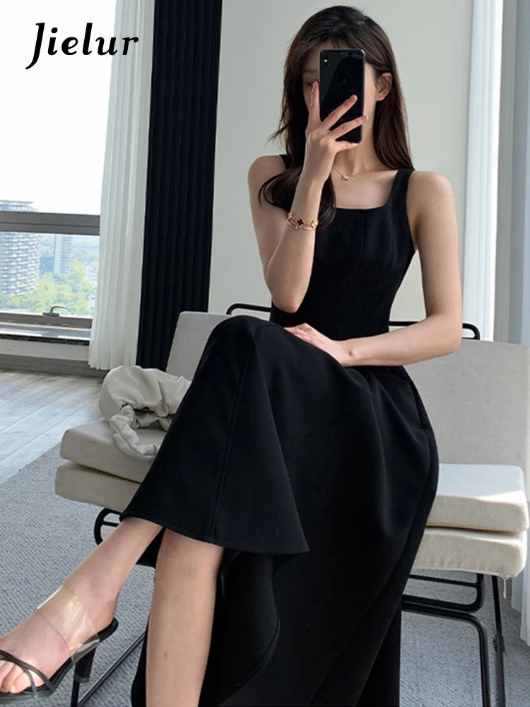 Jielur French Style Black Spaghetti Strap Female Dresses Summer Slim Waist Elegant Evening Women's Dresses Birthday Party Dress - NJN NATURES