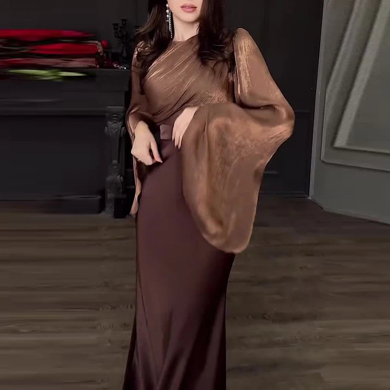 Women Fashion O-neck Hight Waist Long Dress Sexy Split Long Sleeve Solid Party Dress Elegant Mesh Patchwork Satin Evening Dress - NJN NATURES