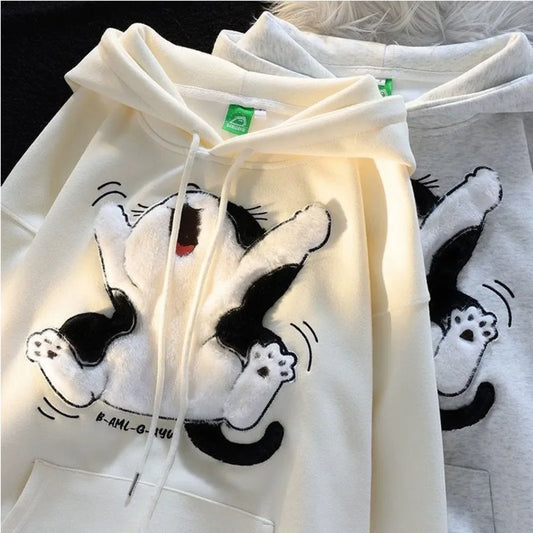 Japanese Kawaii Flock Embroidery Cartoon Cat Patchwork Hoodies Thicken Kangaroo Pocket Baggy Street Sweatshirt All-Matching Top - NJN NATURES