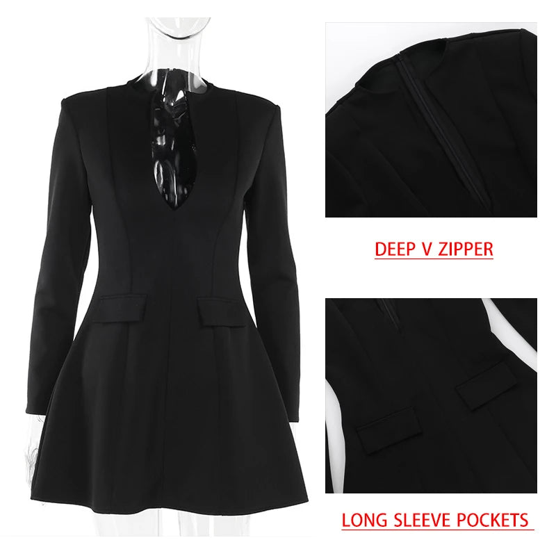 NIDANSSI White Deep V Pockets Evening Party Dress Women 2024 Robes Elegant Sexy Dress Bodycon Zipper Mini Autumn Dress Vestidos - NJN NATURES