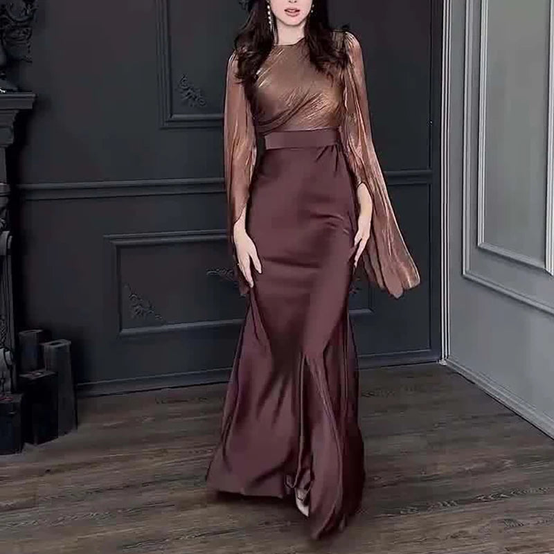 Women Fashion O-neck Hight Waist Long Dress Sexy Split Long Sleeve Solid Party Dress Elegant Mesh Patchwork Satin Evening Dress - NJN NATURES