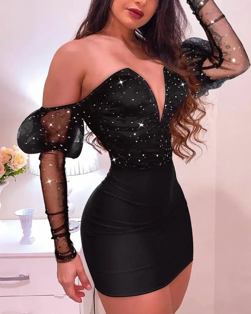 Women Strapless Mesh Splicing Long Sleeve Mini Dress Bodycon Sexy Fashion Party Dress - NJN NATURES