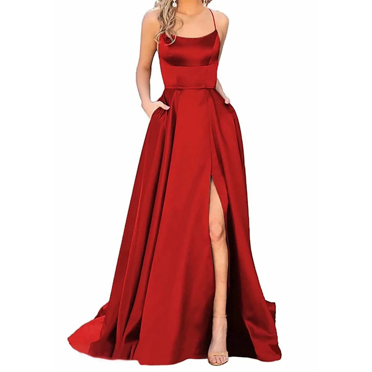 Elegant Hight Split Evening Maxi Dress Sexy Lace-Up Backless Long Dresses Navy Blue Sleeveless High Waist Party Dress - NJN NATURES