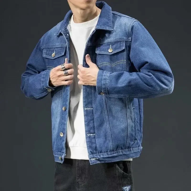 Thickened Fleece-lined Denim Jacket Men's Loose Fit Warm Work Clothes Trendy Korean Style Versatile Casual Wear - NJN NATURES