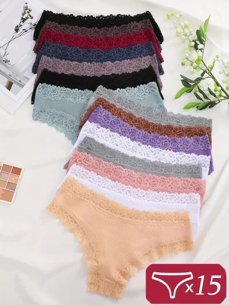 15Pcs Women Cotton Panties Sexy Lace Intimate Brazilian Underwear Solid Color Female Trendy Lace Briefs Female Soft Underpants - NJN NATURES