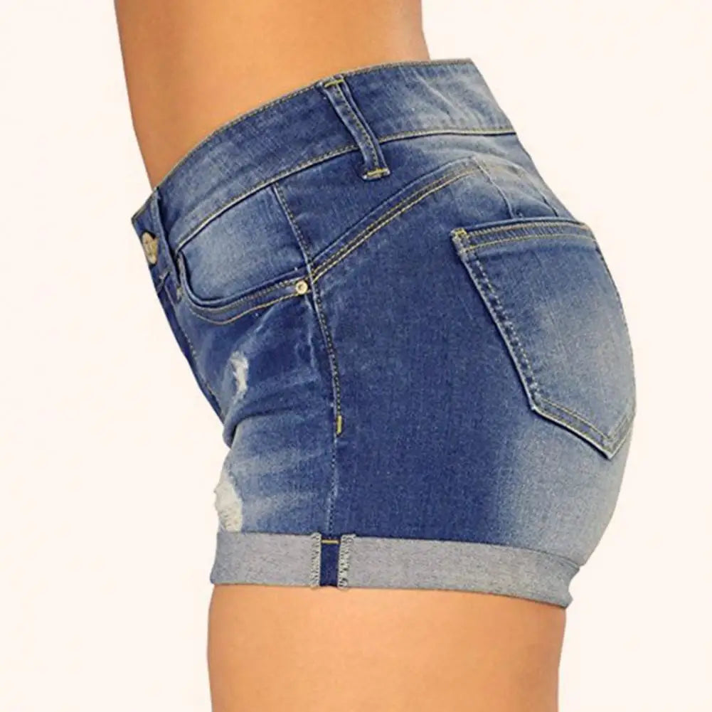 Denim Shorts Women Jeans Ripped Mid Waist Solid Color Soft Short Jeans Casual Slim Fit Shorts Summer - NJN NATURES
