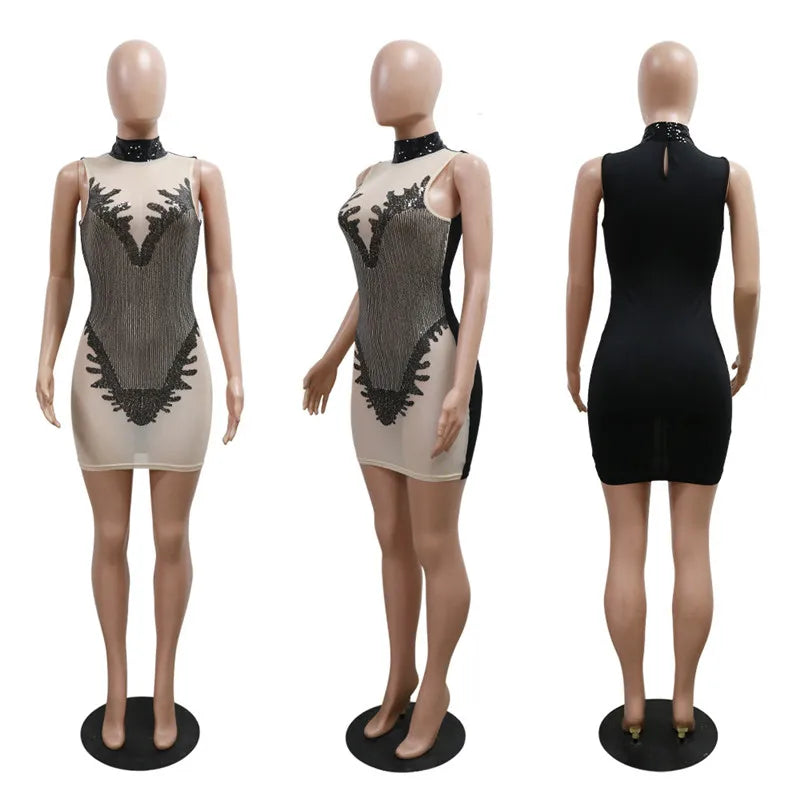 Sleeveless Turtleneck Women See Through Mesh Patchwork Sexy Sequins Party Dress 2024 Summer Bodycon Night Club Mini Dress Black - NJN NATURES